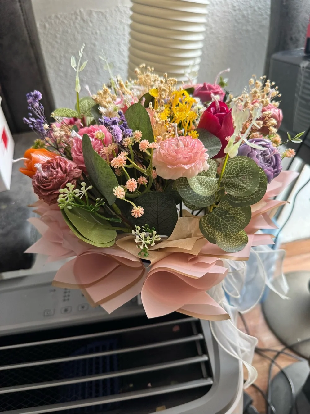 Floral Candle Bouquet Arrangement in Pink and Purple Vase Accent- Handcrafted🕯️✨
